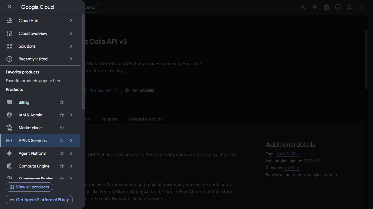 Google Cloud 原生導覽選單中 APIs & Services 的位置