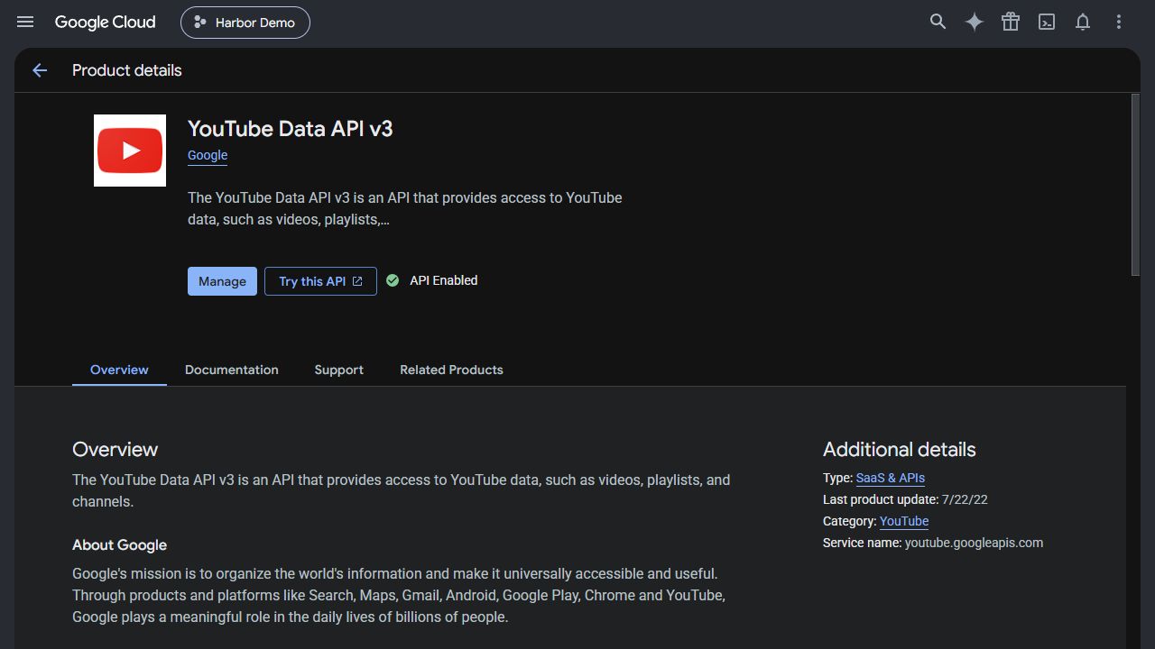 YouTube Data API v3 詳細頁顯示 API Enabled 與 Manage