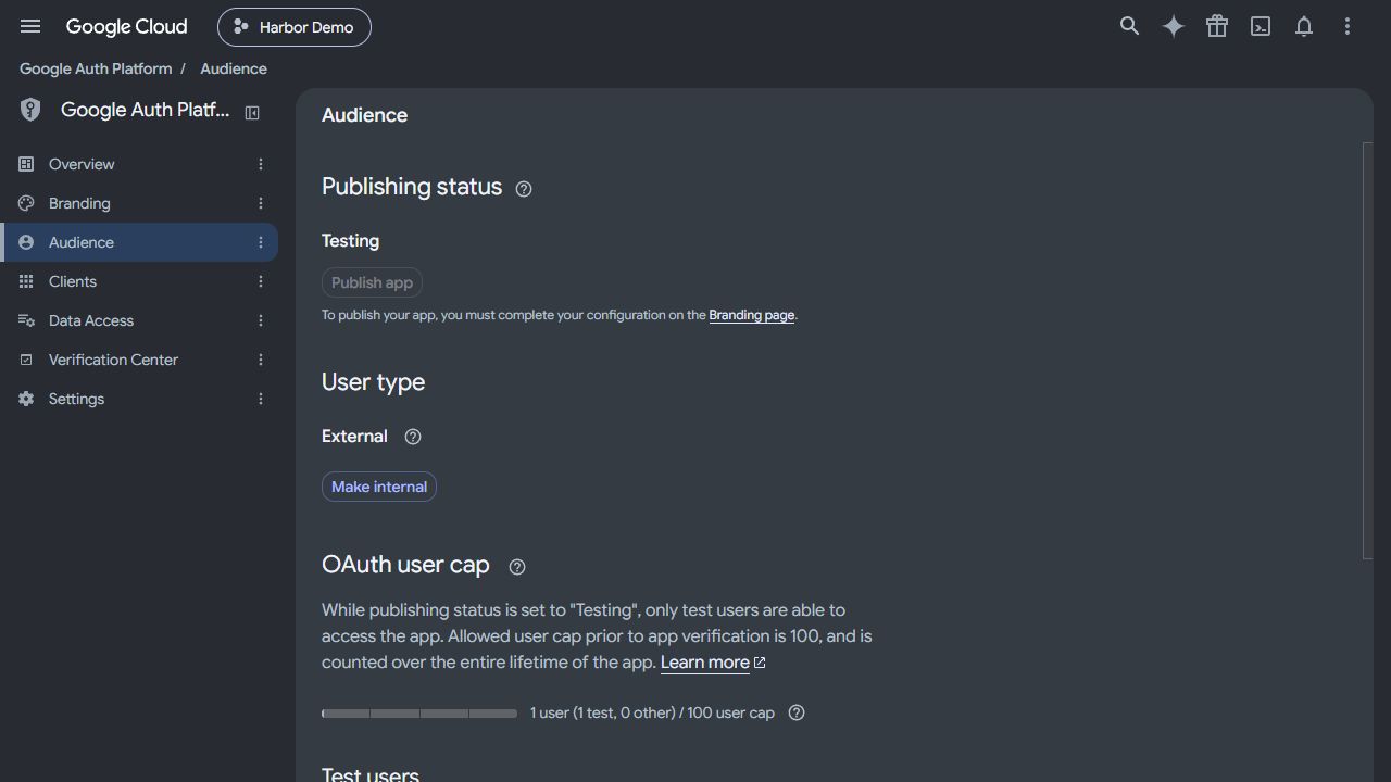 Audience 頁顯示 Publishing status Testing 與 User type External