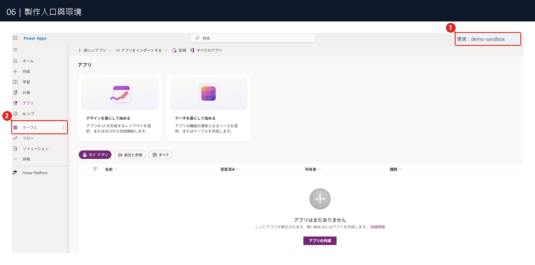 圖06:① 確認製作入口使用同一個練習環境;② 點擊「テーブル」。