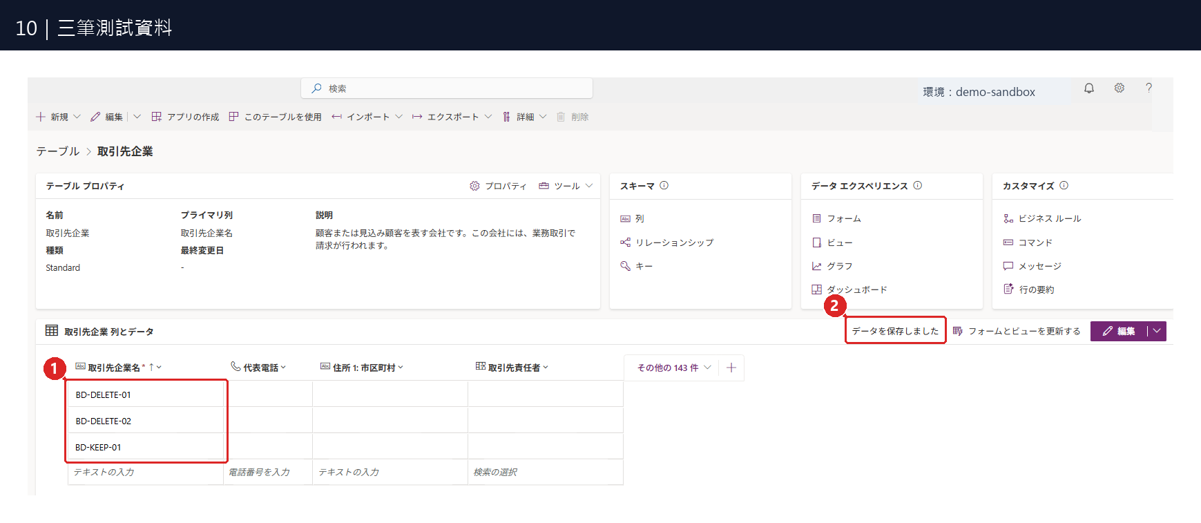 圖10:① 三筆測試資料都已建立;②「データを保存しました」表示資料已儲存。
